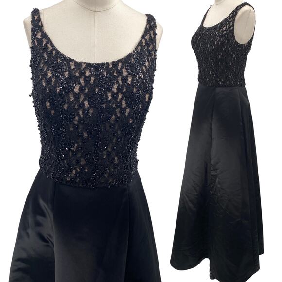 Vintage 90s Ball Gown Beaded Lace Bodice Satin A Line Fit & Flare Black Womens 4 - Picture 1 of 11
